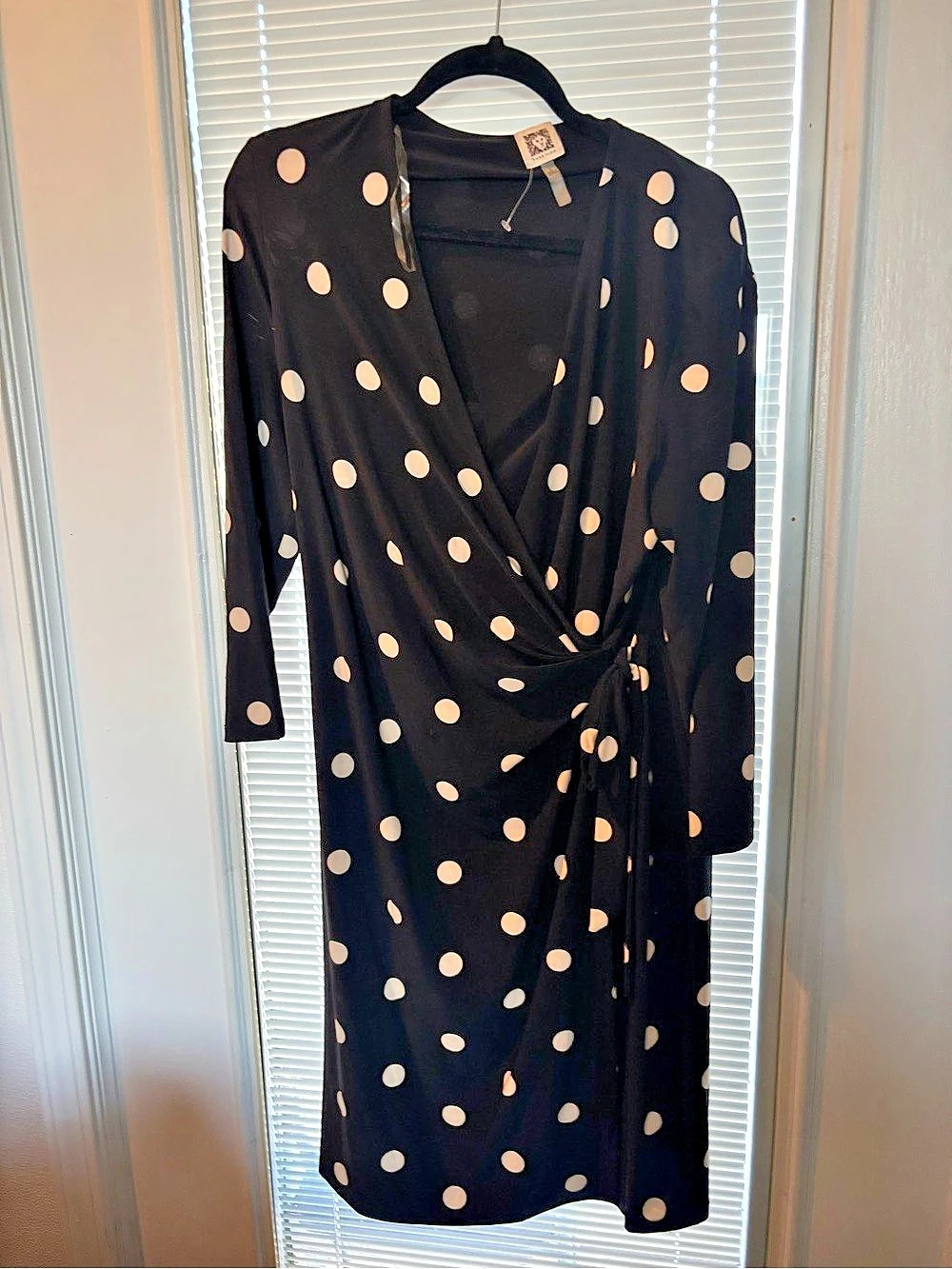 Anne Klein Dot Print  Wrap Dress Black & beige